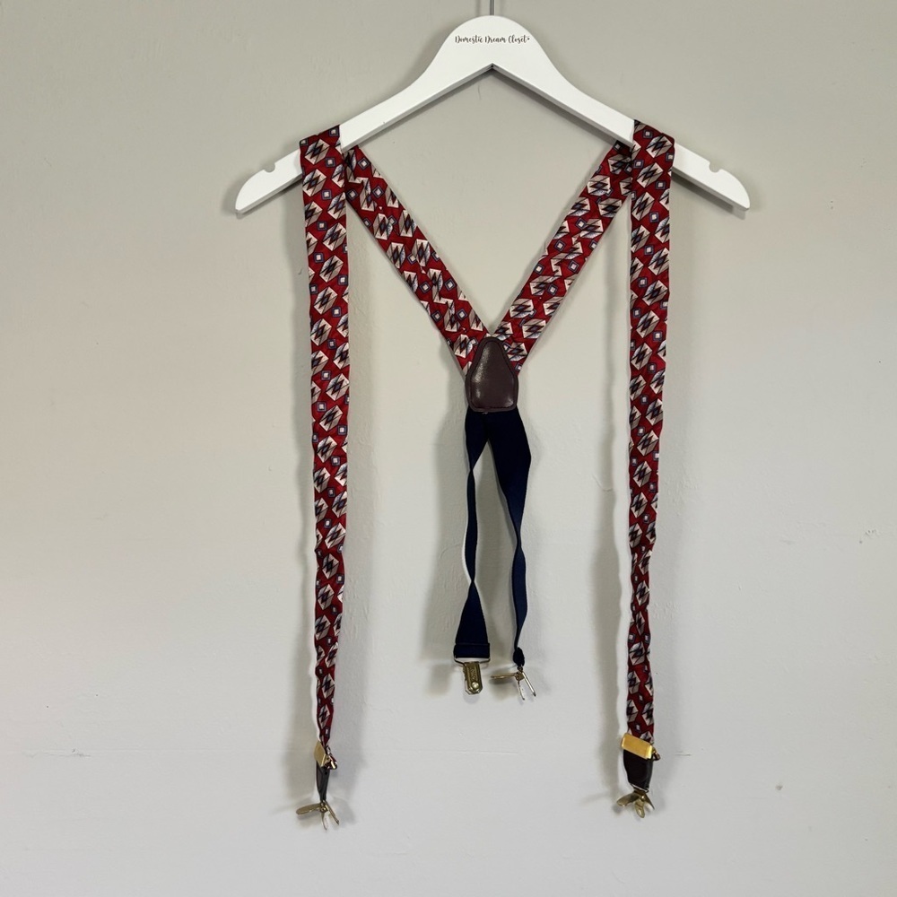 Vintage Men’s PELICAN USA Silk Suspenders Braces Red Multi Geometric Print OS